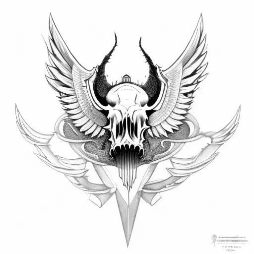 Hog Skull With Tusk Surrounded By Large Angle Wings