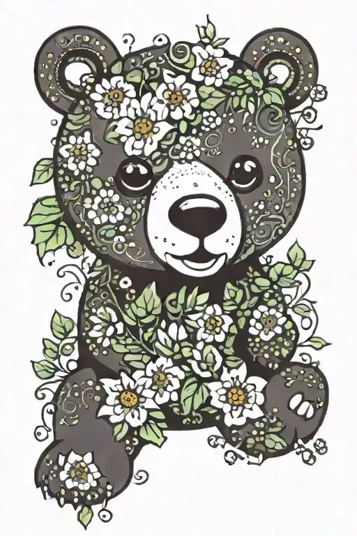 Full Color Cartoon Bear With Flowers & Ivy Vines
