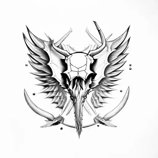 Hog Skull With Tusk Surrounded By Large Angle Wings