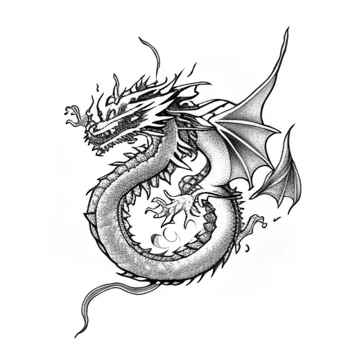 Dragon With Fire And Cherry Blossoms