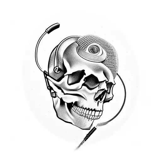 A Skull Wearing Headphones With A Barber Razor As A Microphone