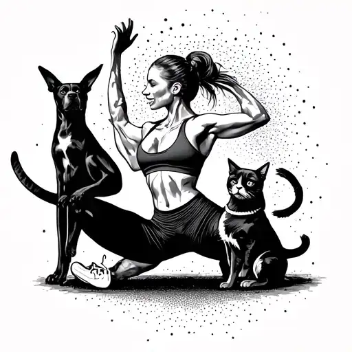 A Stylish Tattoo Of A Person Doing A Fitness Workout With Their Pet Dog And Cat Cheering Them On