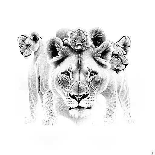 A Lioness With Her Two Cubs In Surreal Black And White