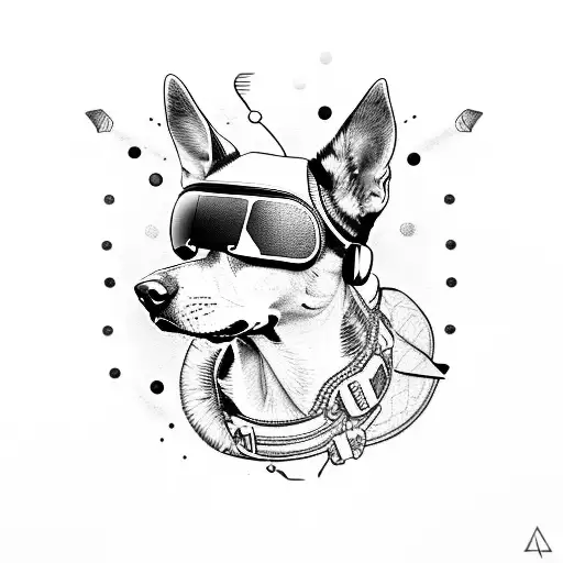A Dotwork Tattoo Of A Dog Wearing Aviator Sunglasses With A Jet In The Background