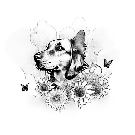 Dog Silhouette With Butterflies And Flowers
