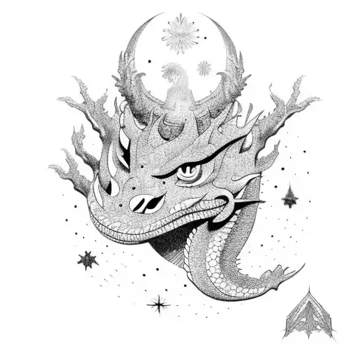 Mauntain With Tree Stars And A Dragon