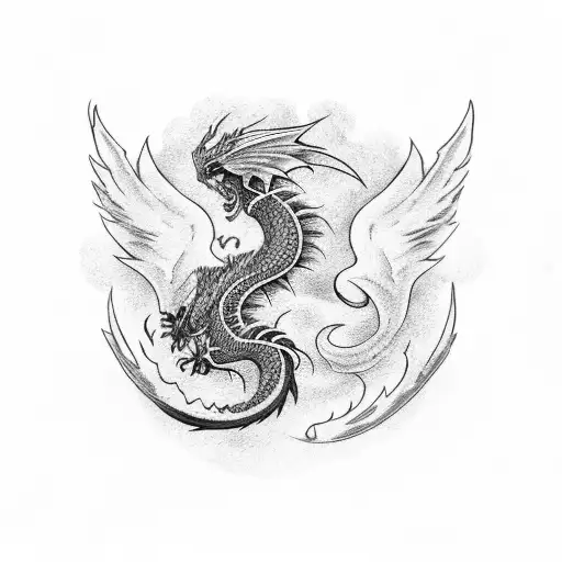 A Black Dragon And A Phoenix Flying Together