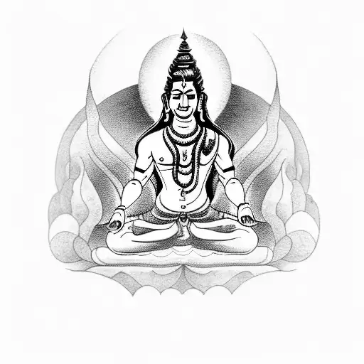 A Dotwork Design Of Lord Shiva Meditating In The Midst Of A Mountain Landscape