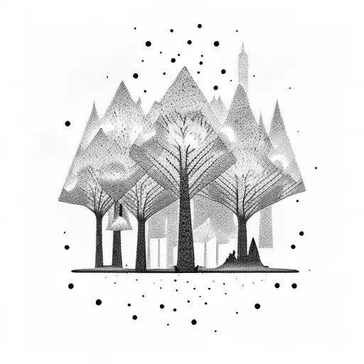 A Dotwork Tattoo Of A Rave Scene With Trees And Nature Elements Merging Into The Background