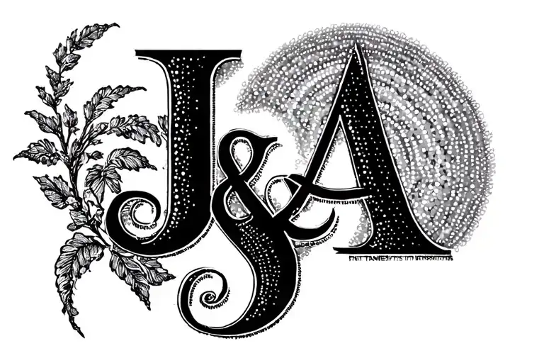 Letters J & A Black Grey Tattoo Design Combining Elements