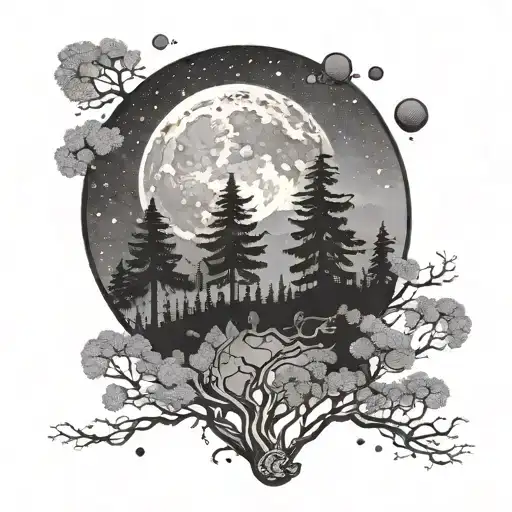 A Moon In A Night Sky Above A Forest