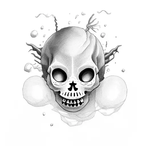 Demonic Little Girl Holding Backbone With Skull Like Balloon