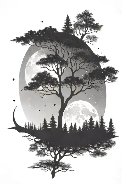 A Moon In A Night Sky Above A Forest