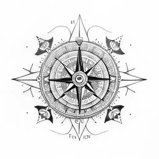 A Dotwork Tattoo Of A Compass Surrounded By Delicate Floral Patterns