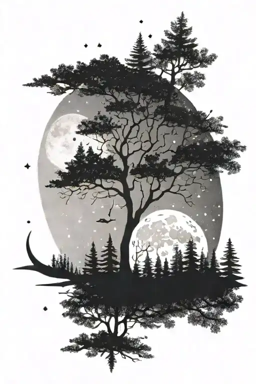 A Moon In A Night Sky Above A Forest