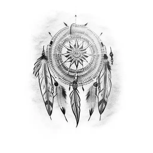 Tattoo Of Red Indian Women With Feather Hat And Wolf Compass Dreamcatcher