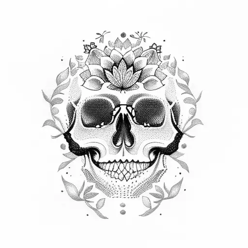 A Dotwork Skull Adorned With Vibrant Floral Patterns