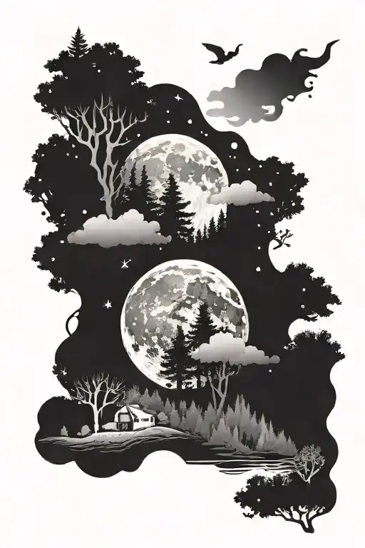 A Moon In A Night Sky Above A Forest