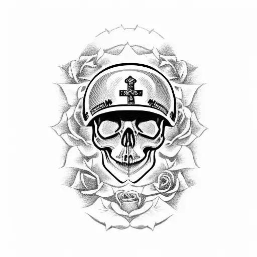 A Skull Wearing A Ww2 Helmet Surrounded By Roses