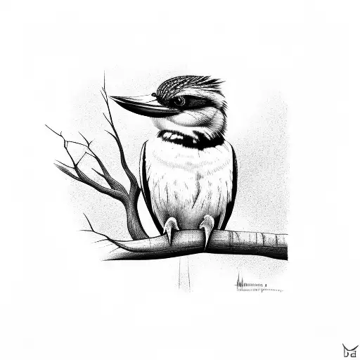 Kookaburra On A Tree Branch Fine Line Black And White Minimal Detail