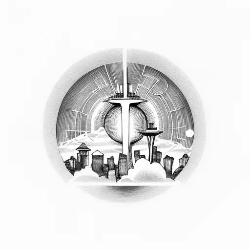 A Sunset Over Seattle Skyline With Musical Notes In The Background