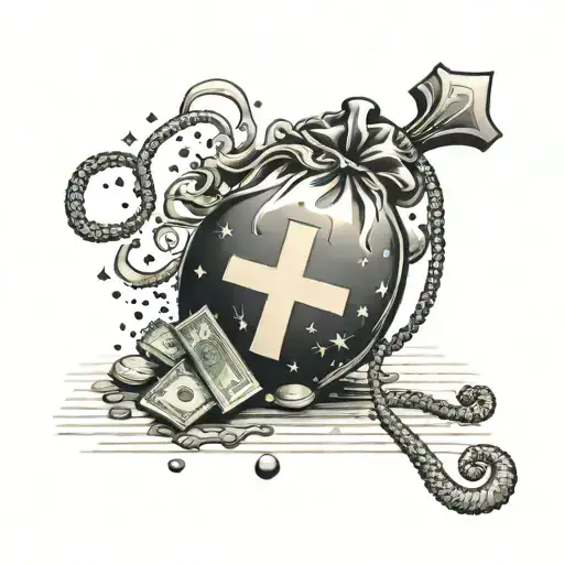 A Money Bag And Cross Design With A Hidden Message Or Code Incorporated Into The Design