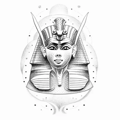 A Dotwork Tattoo Of An Egyptian Pharaoh Playing A Musical Instrument In A Mythical Anime World