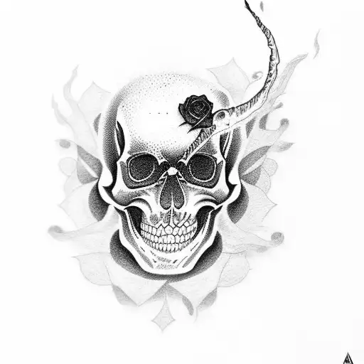 A Dotwork Tattoo Featuring A Flaming Skull And A Rose