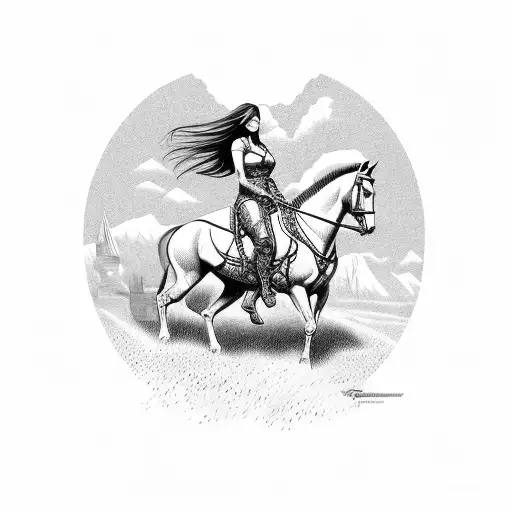 Tattoo With A Bulgarian Woman On A Horse In Front Of The Castle Of Tsar Kaloyan