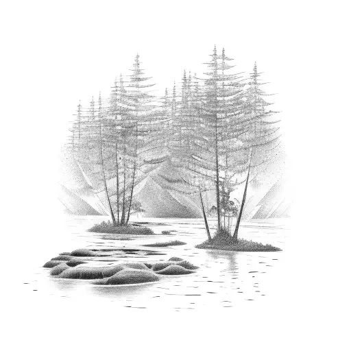 A Detailed Illustration Of A Vintage Car Surrounded By Lush Forest And A Flowing River