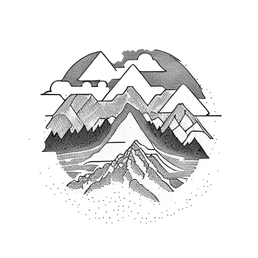 A Dotwork Tattoo Of A Mountain Landscape With A Hiker Sipping Tea