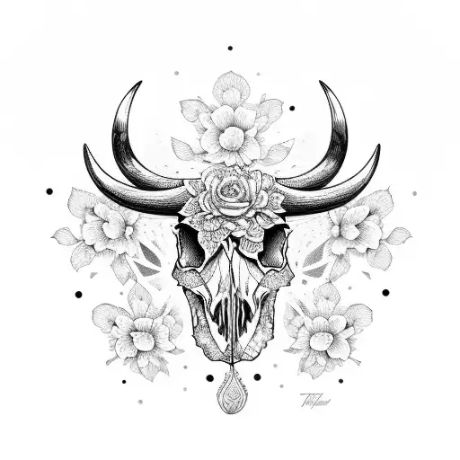 A Detailed Illustration Of A Bull's Skull With Vibrant Floral Elements Surrounding It