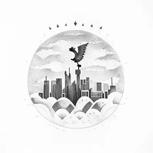 A Phoenix Flying Over The Iconic Phoenix City Skyline With A Saguaro Cactus In The Foreground