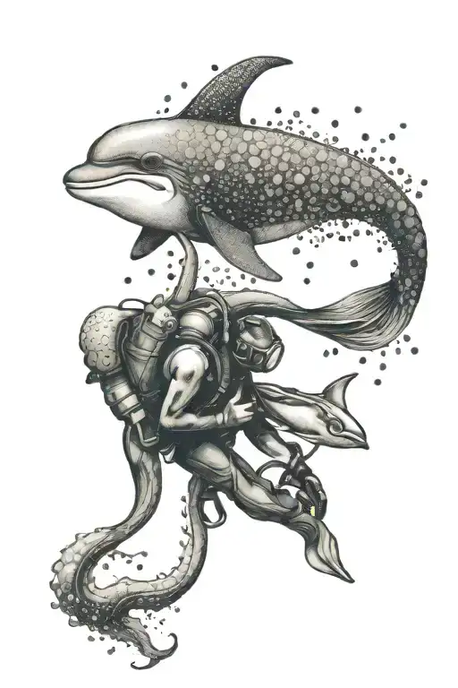 Diver With Dolphin And Octopus