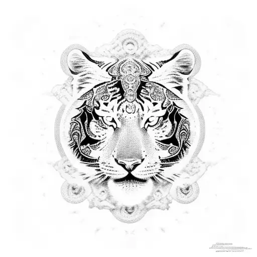 A Fierce Black Tiger Surrounded By Intricate Dotwork Patterns Inspired By Catholic Art