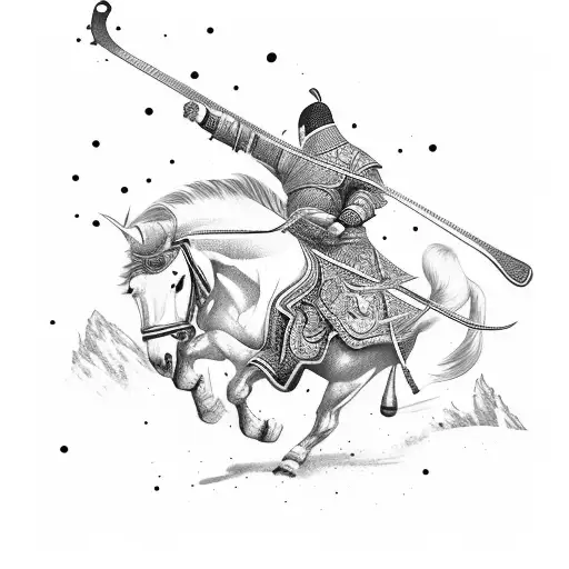 Male Mongol Warrior Playing Guitar On Running Horse