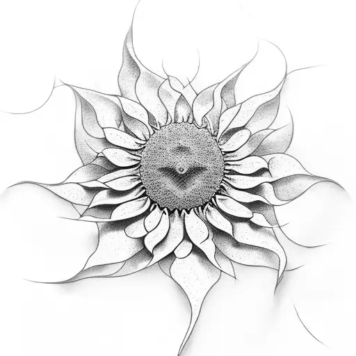 A Dotwork Tattoo Of A Sunflower Blooming Underwater With Waves Crashing Around It