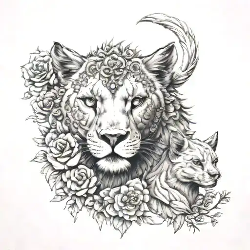 Lioness With A Wolf Cub And Baby Dragon With Flowers