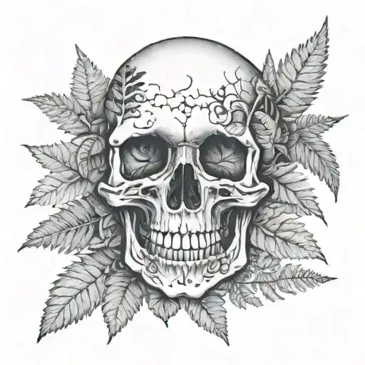 Slightly Turned Skull Surrounded By Ferns