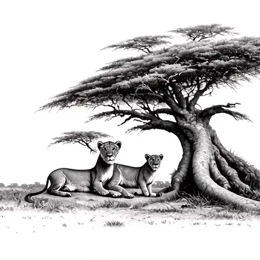 A Lioness And Her Cubs Resting Under The Shade Of A Baobab Tree In The African Wilderness