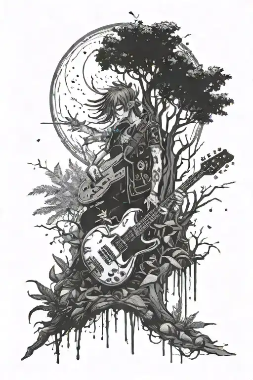 Create A Tattoo Design Inspired By Anime Characters Playing Rock Music In A Mystical Forest Setting