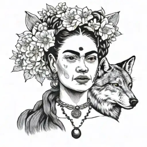A Portrait Of Frida Kahlo With A Wolf Companion And Cherry Blossoms In The Background