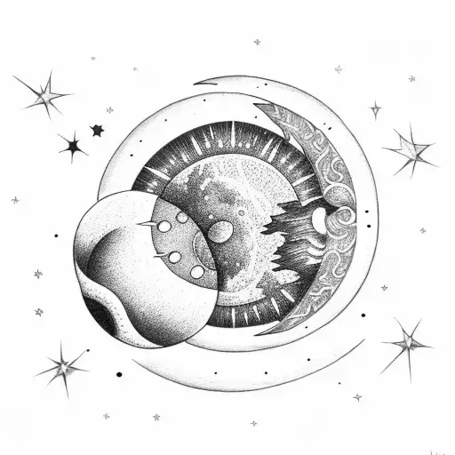 A Romantic Depiction Of A Sun And Moon Embracing Amidst A Starry Sky