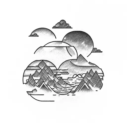 Sky With Mountains And Beach And Ocean With Dolphin Jumping Out In The Distance To A Sunset