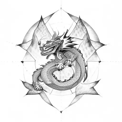 A Dotwork Design Of A Dragon And A Cross Combined