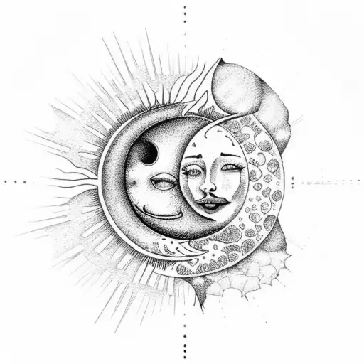 A Whimsical Nature Scene With A Sun And Moon Kissing In A Dotwork Style