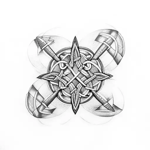 A Dotwork Tattoo Of A Vintage Airplane Flying Over A Celtic Knot Design