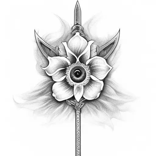 Sword With Iris Flowers Blooming Around It