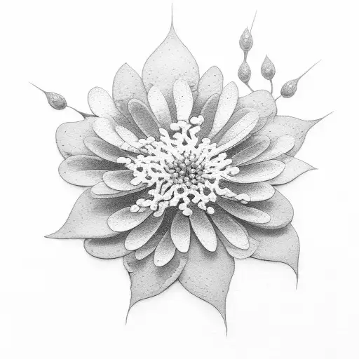 A Dotwork Ixora Flower With A Subtle Watercolor Effect In Shades Of Grey