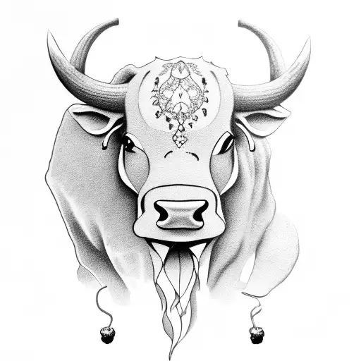 Bull With Nose Ring And Grapes Hanging From Its Mouth